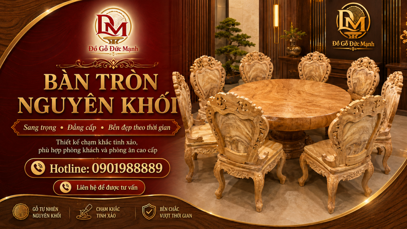 Bộ bàn ăn 8 ghế nguyên khối gỗ gõ đỏ hoàn thiện cực kỳ sang trọng
